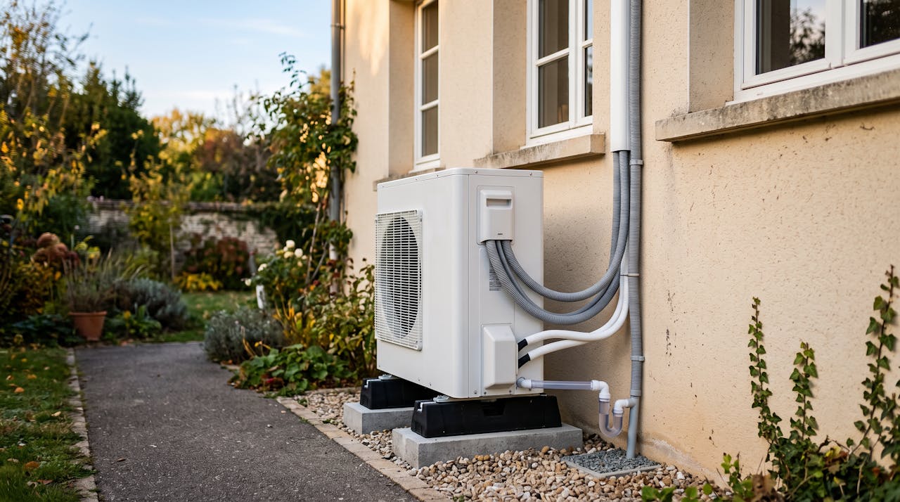 Unité extérieure de pompe à chaleur air-eau installée contre la façade d’une maison